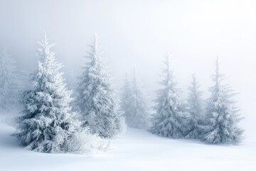 Naklejka premium Winter wonderland, snowy forest panorama, frost-covered trees, misty atmosphere, serene