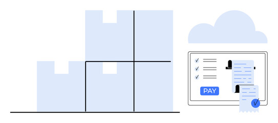 Fototapeta premium Product boxes stacked beside a cloud-connected tablet displaying a payment list with a pay button. Ideal for retail, logistics, e-commerce, cloud tech, finance management, digital transactions