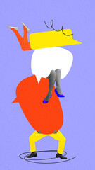 Speech bubbles with legs carrying each other, illustrating support, connection and gossips. Concept of communication, storytelling, news, announcement, playful conversation. Abstract art collage