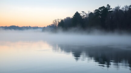 Fototapeta premium Serene morning lake scene with mist, reflecting trees and soft light creating a tranquil atmosphere for relaxation and escape. 