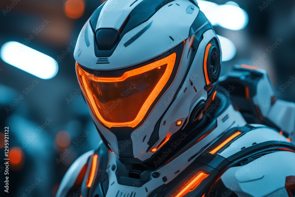 Poster futuristic soldier in advanced armor glowing with orange details in a high-tech environment