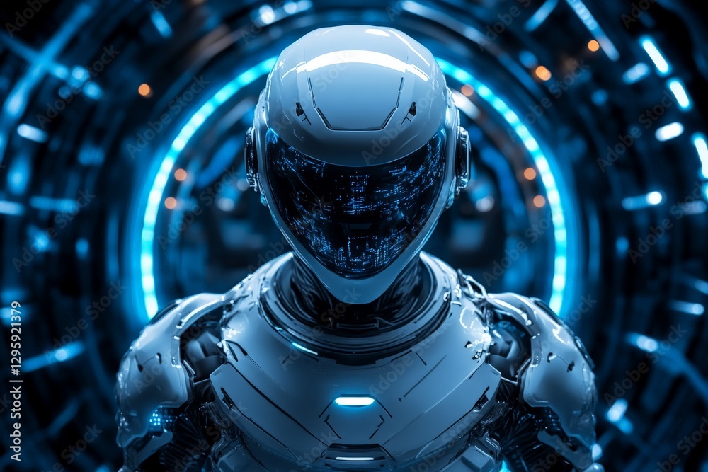 Poster futuristic robot standing in a glowing technological environment with intricate details and luminous