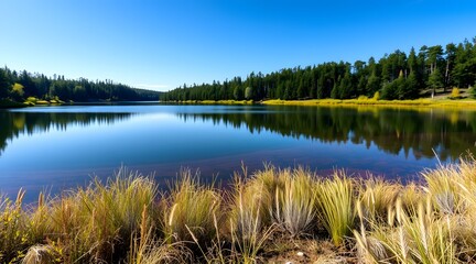 Obraz premium Serene lake landscape with clear blue water reflecting surrounding greenery and trees, creating a peaceful atmosphere perfect for relaxation and outdoor adventures. 