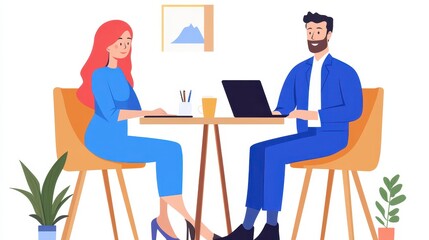 Pixel Art Business Meeting Man and Woman in Blue Suits at a Table