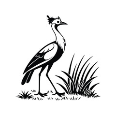 Royal Crested Bird Silhouette Standing on Grass – Vector Art