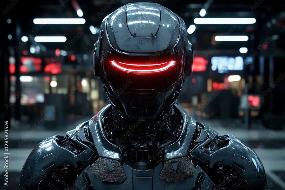 Aufkleber futuristic robotic figure with glowing red lights in a high-tech urban environment during nighttime