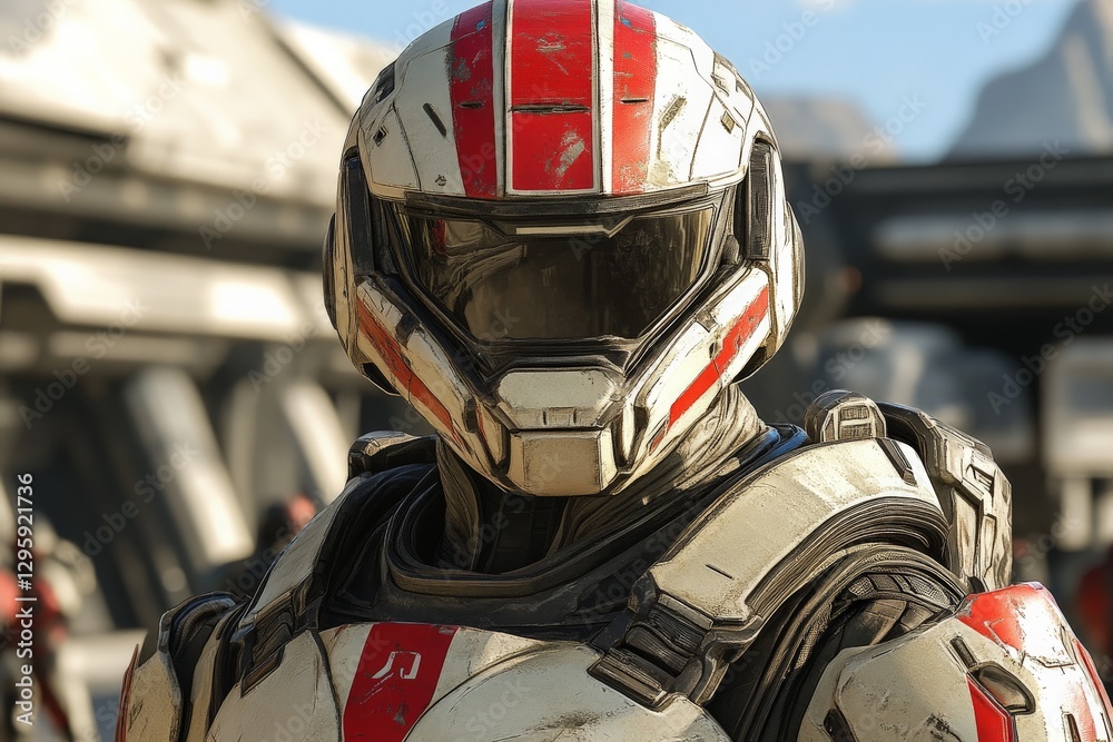 Poster futuristic soldier in armored suit preparing for mission in a sci-fi setting during daylight