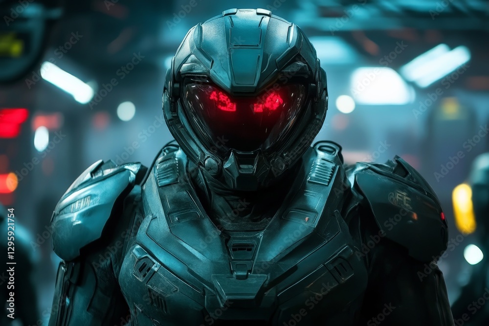 Poster futuristic armored figure stands in a high-tech environment with glowing red eyes amidst a sci-fi ba