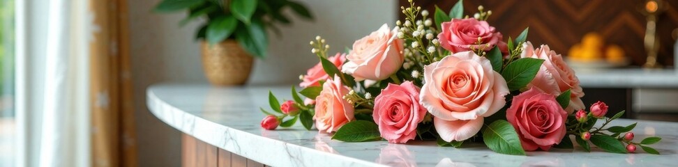 Obraz premium A stunning floral arrangement on a marble counter with gold accents, beauty setup, arrangement, marble