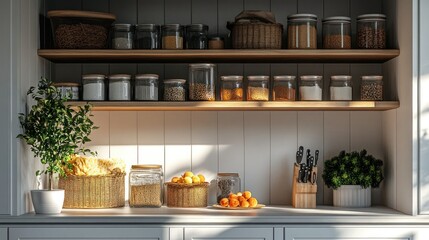 Sunny Kitchen Pantry Shelves Filled with Provisions