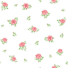 Vector illustration. Seamless pattern of delicate pink roses on a white background, blooming flowers. Cottagecore pattern. Printing on textiles, for packaging, fabric design, sublimation printing