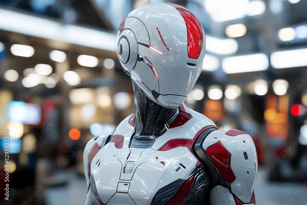 Poster futuristic robot exhibiting advanced design in a modern urban environment during daylight