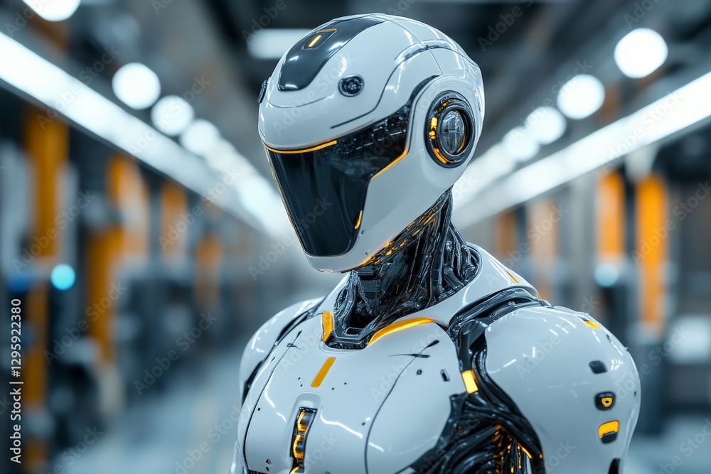 Poster advanced humanoid robot stands in a high-tech industrial facility showcasing modern technology and d