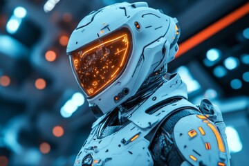 Futuristic astronaut in advanced space suit with illuminated visor inside a high-tech spacecraft environment