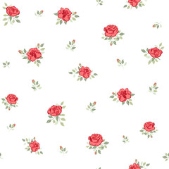 Vector illustration. Seamless pattern of delicate red roses on a white background, blooming flowers. Cottagecore pattern. Printing on textiles, for packaging, fabric design, sublimation printing