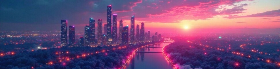 Naklejka premium Abstract geometric shapes forming a futuristic cityscape at dusk, silhouette, modern, nighttime