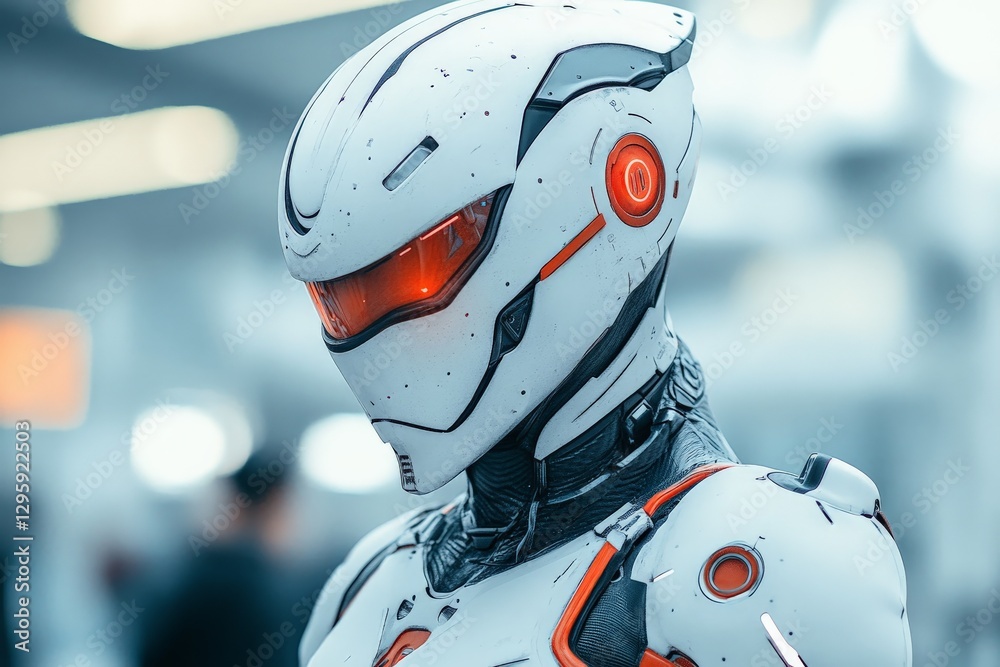 Poster futuristic robot with glowing orange accents stands in a high-tech environment showcasing advanced t