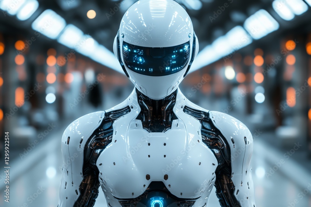 Aufkleber Futuristic humanoid robot standing in a high-tech corridor with ambient lighting and intricate design features