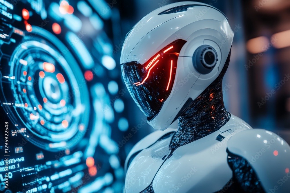 Poster futuristic robot interacting with advanced technology display in a modern environment