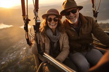 Obraz premium generated illustration of elderly couple enjoying a hot air balloon ride at sunset over a scenic landscape.
