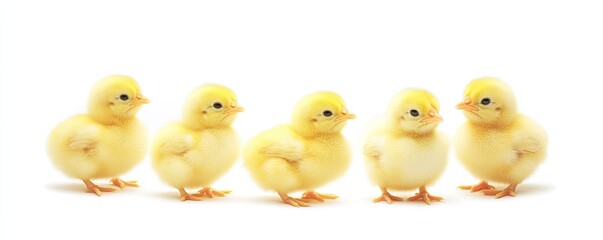 Naklejka premium A quintet of fluffy yellow chicks aligned neatly on a pristine white backdrop