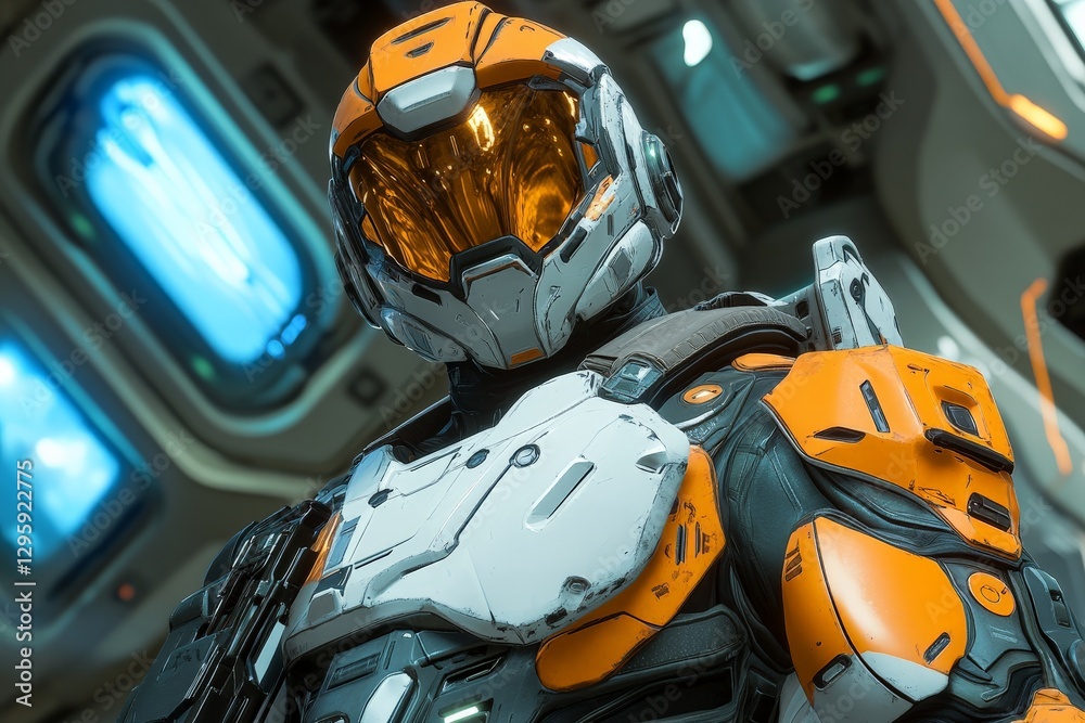 Poster brightly armored soldier prepares for mission in futuristic setting with high-tech ambiance and adva