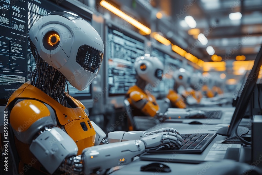 Aufkleber Futuristic robots working diligently at computers in a high-tech laboratory environment