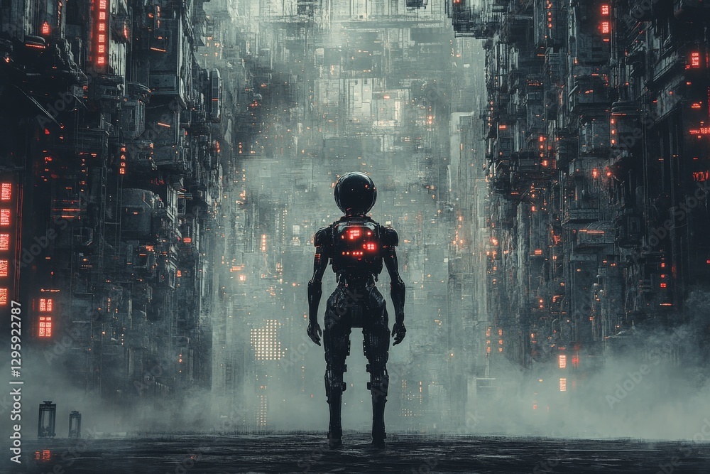 Poster futuristic robot exploring a neon-lit cityscape in a cyberpunk environment with dense fog and toweri
