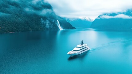 Luxurious yacht sailing in serene fjord with majestic waterfall and misty mountains