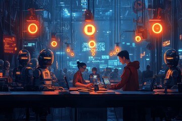 Advanced technology lab with robots assisting humans in information processing and analysis at night