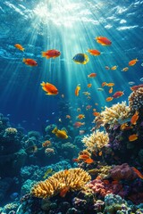 Fototapeta premium Colorful underwater paradise: vibrant coral reefs and tropical fish in sunlit depths