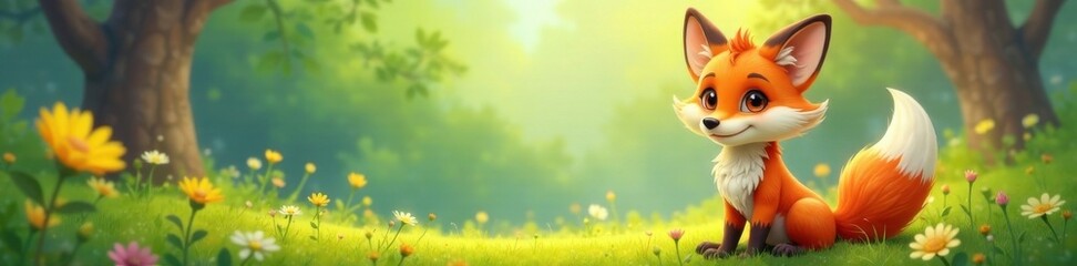 Obraz premium Adorable cartoon fox with big ears and bushy tail, cute, forest, playful