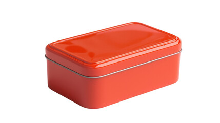 Closed rectangular red tin box on transparent background