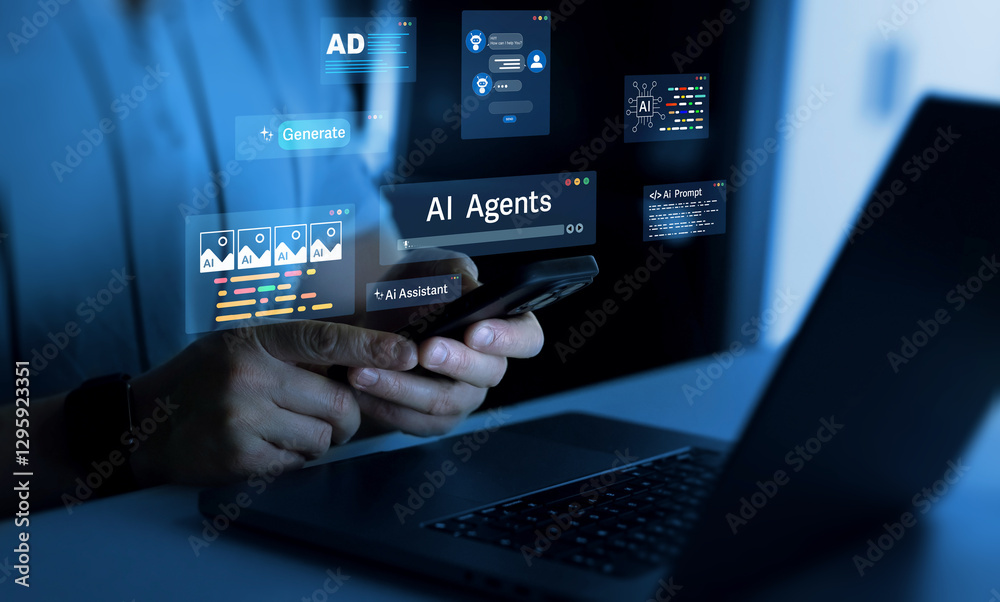 Poster ai agents and assistants. ai content generator. interaction with the ai assistant to solve some task