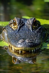 Fototapeta premium Close-Up of an Alligator Head with Intense Stare in Clear Water Surrounded by Greenery in Natural Habitat
