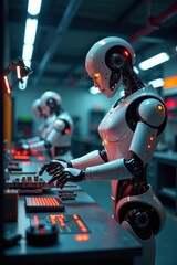 Advanced robotics assembly on a futuristic workbench , engineering, metalwork, innovation