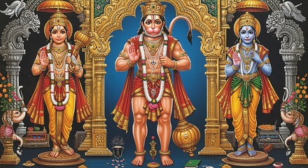 loard hanuman Wallpaper hanuman jayanti hindu religion of india , ornate temple statues, details, gold jewelry, traditional Indian attire, divine figures, celestial beings, sy, spiritual , religion