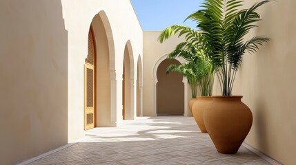 Fototapeta premium Sunlit Mediterranean Courtyard with Terracotta Pots and Palm Trees