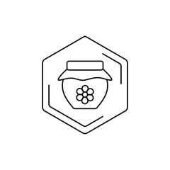 Honey jar icon with hexagonal outline in black and white. Vector black line pictogram. Tropical themes, pollen, field honey in a minimalistic style