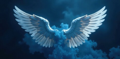 Angel wings unfolding from a dark blue misty background, winged creature, angel wings, mystical