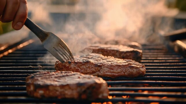 Chef grilling steaks on barbecue at sunset