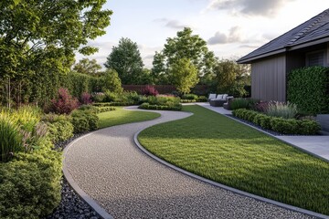 Fototapeta premium Landscaped garden, curved gravel path, lush green lawn, ornamental shrubs, pebble mulch, geometric design, clean edges
