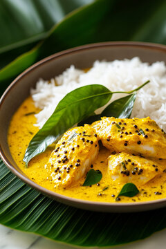 Keralan Meen Moilee with Mustard Seeds and Coconut Curry on a Banana Leaf