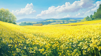 Obraz premium 菜の花畑を横切るローカル線と春の旅情