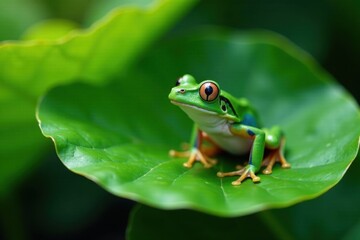 Naklejka premium big green frog sitting in the middle of a leaf, big frog, cartoon, green frog
