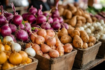 市場の木箱に並ぶ新鮮な根菜、赤カブ・カブ・サツマイモの収穫 八百屋の店頭| Fresh Root Vegetables at the Market: Turnips, Radishes, and Sweet Potatoes