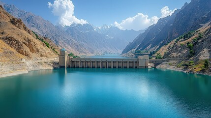Beautiful Scenic View of a Reservoir Surrounded by Majestic Mountains and Clear Blue Skies Capturing Nature's Tranquility and Serenity