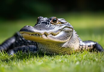 Fototapeta premium Close-Up of an Alligator Resting on the Grass Showcasing Textured Skin and Sharp Teeth in a Natural Setting Under Soft Sunlight