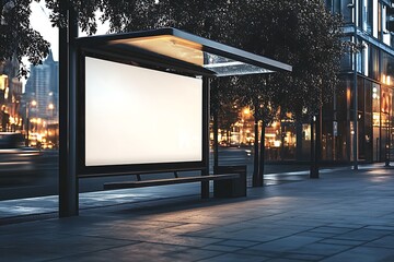 Blank billboard at night bus stop. (4)