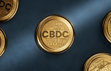 CBDC Central Bank Digital Currency golden digital coins with futuristic design on a dark blue surface in flat lay 3D illustration. A new form of money issued electronically by a central banks
